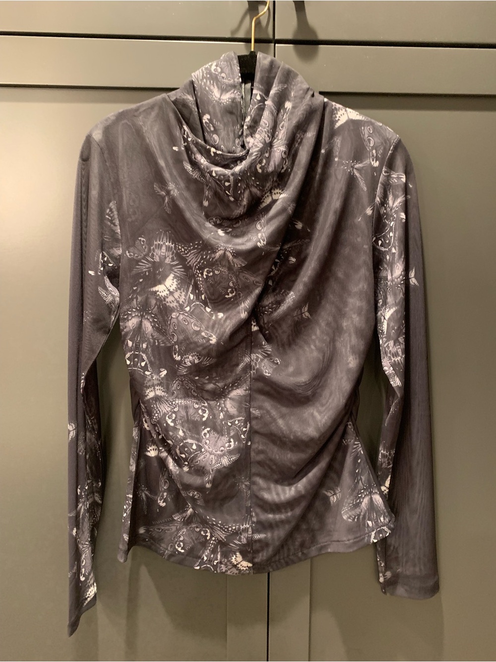 All Saints sheer mesh long sleeve top. Charcoal butterfly print. Cowl neck. - Picture 2 of 6